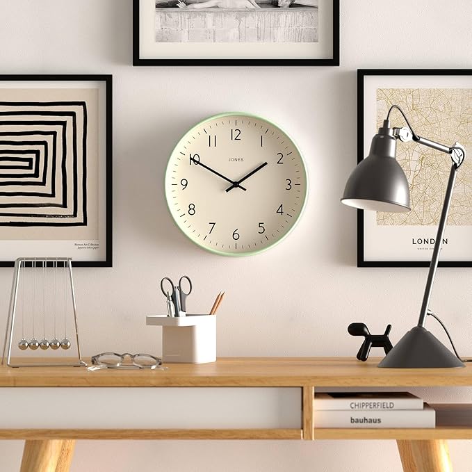 JONES CLOCKS® Studio wall Clock | Modern Round Style | 12 inch | Neo Mint Green | Easy to Read Numbers | Versatile Design for Kitchen, Living Room or Office