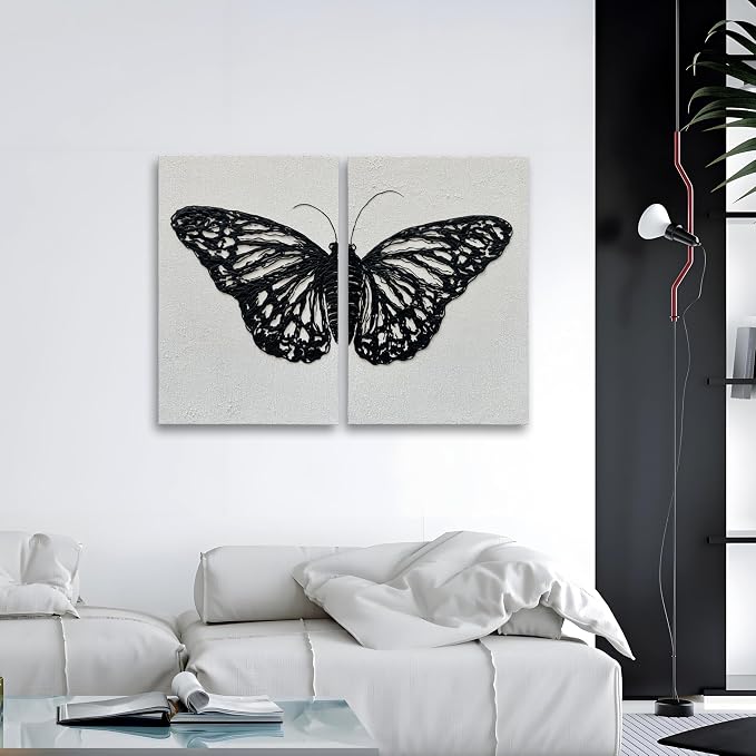 NANKAI Art Hand-Painted Black Butterfly Texture Art Wall Decoration 36x24-inch x2 Contemporary Art Oil Painting Home Living Room Corridor Wall Art