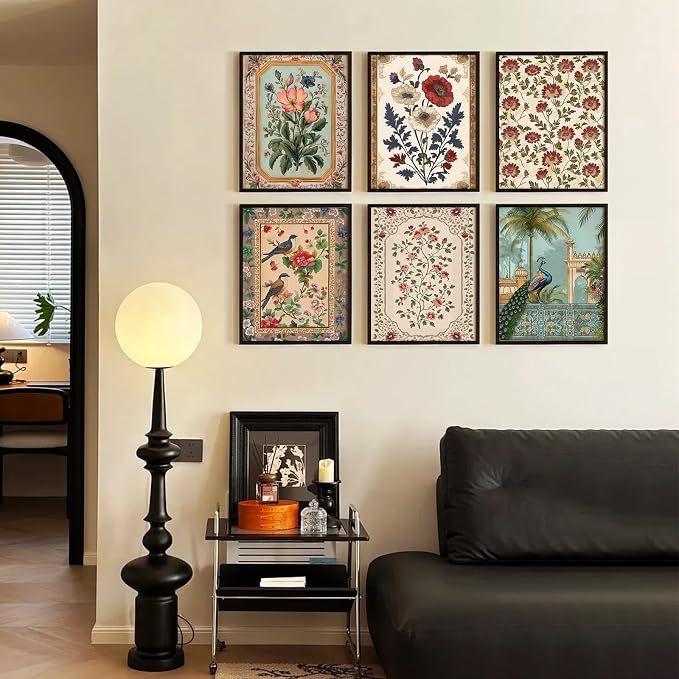 Indian Wall Art Vintage Floral Canvas Poster India Wall Decor Folk Flower Prints Scandinavian Pictures Antique Botanical Painting Gallery Artwork for Bedroom Living Room 12x16 Inch Unframed Set of 6