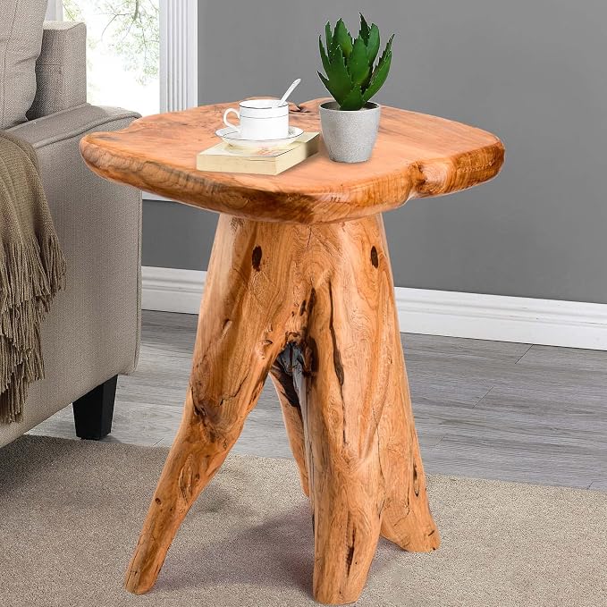 Mushroom Side Table, 18.9 inch Tall Live Edge Wood Stool, Freeform Natural Plant Stand for Garden, Yard, Living Room, Bedroom