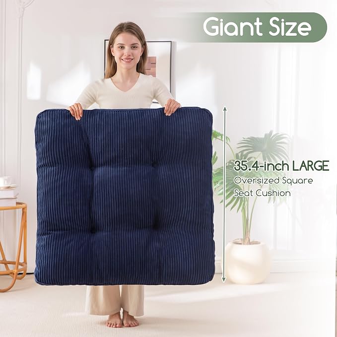 HIGOGOGO 35" Floor Pillow Cushion for Adults, Meditation Cushion Pillow, Extra Large Square Floor Sitting, Tufted Corduroy Cover for Tatami Living Room or Yoga, Navy