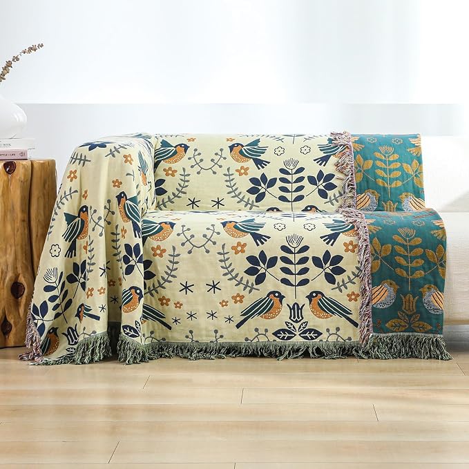 King Size Boho Throw Blanket for Sofa Couch Decor 100% Cotton Woven Bed Throws for All Season Lightweight and Soft Farmhouse Reversible Summer Muslin Blanket for Travel Picnic, Teal/Cream, 90''x98''