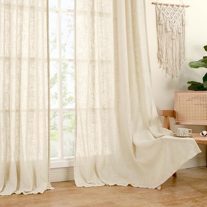 LAMIT Short Window Linen Curtains 48 Inch Length 2 Panels, Beige Light Filtering Panels Back Tab and Rod Pocket Neutral Drapes for Bathroom/Loft Room, 34 x 48 Inch