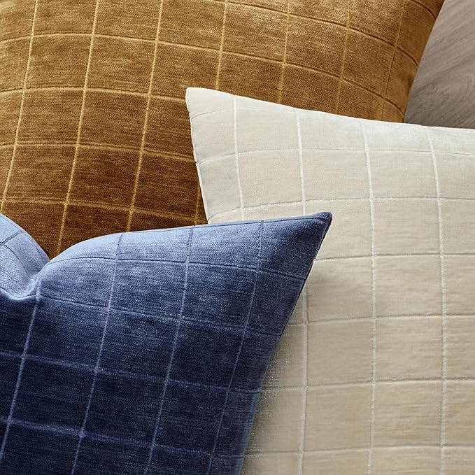 MIULEE Decorative Chenille Check Throw Pillow Covers Vintage Plaid Couch Pillows 18x18 Inch Set of 2 Neutral Boho Farmhouse Cushion Covers Modern Home Coastal Decor for Sofa Bed Living Room Navy Blue