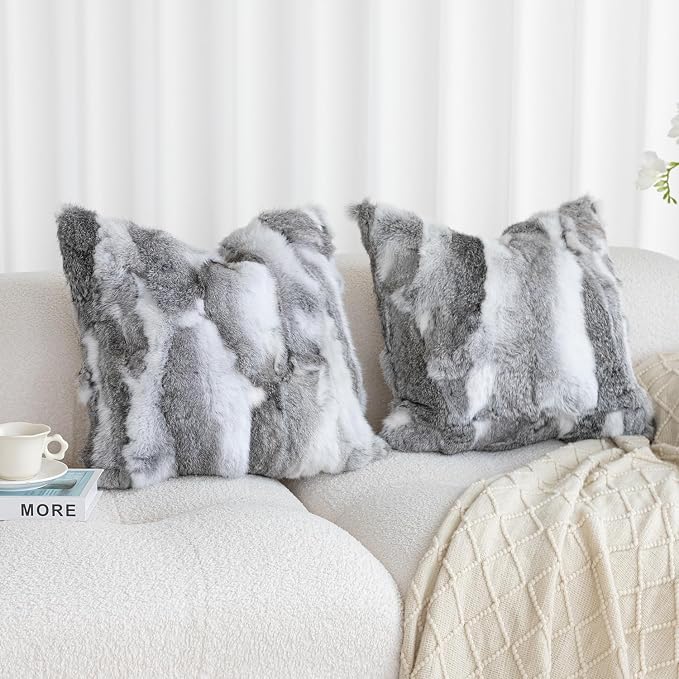 Genuine Rabbit Fur Throw Pillow Covers Set of 2, Luxury Decorative Pillowcases Soft Fluffy Animal Skin Accents Cushion Cover for Couch Sofa Bedroom Living Room Home,18x18 inch,Gray-White