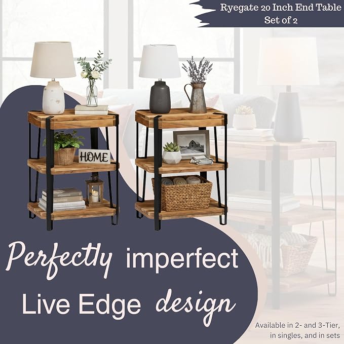 Ryegate Live Edge Modern End Tables Set of 2-3-Tier Acacia Wood Nightstands with Storage Shelves and Metal Legs - 17" Narrow Side Table Set for Living Room or Bedroom by Alaterre Furniture (Natural)