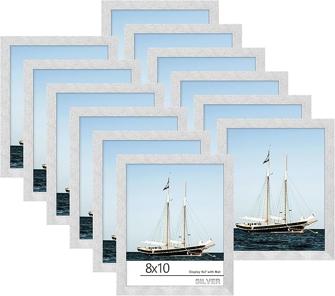 Picrit 8x10 Picture Frame Set of 12, Display 5x7 with Mat or 8x10 without Mat, Photo Frames for Wall Mounting or Table Top Display, Silver