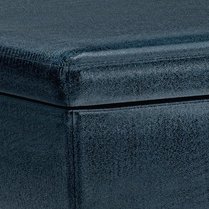 SIMPLIHOME Owen Coffee Table Storage Ottoman - 34" Wide x 19" High Upholstered Vegan Leather Rectangular Lift-Top Ottoman in Distressed Dark Blue, Mid-Century Modern Bench with Tapered Legs