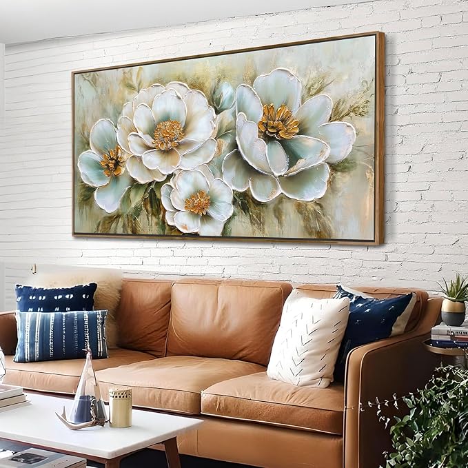 Arjun Framed Canvas Wall Art for Bedroom, Large Wood Frame Vintage Flower Painting Living Room Textured Artwork Gold Picture Bloosom Dining Room Kitchen Home Office Wall Decor, 48"x24"