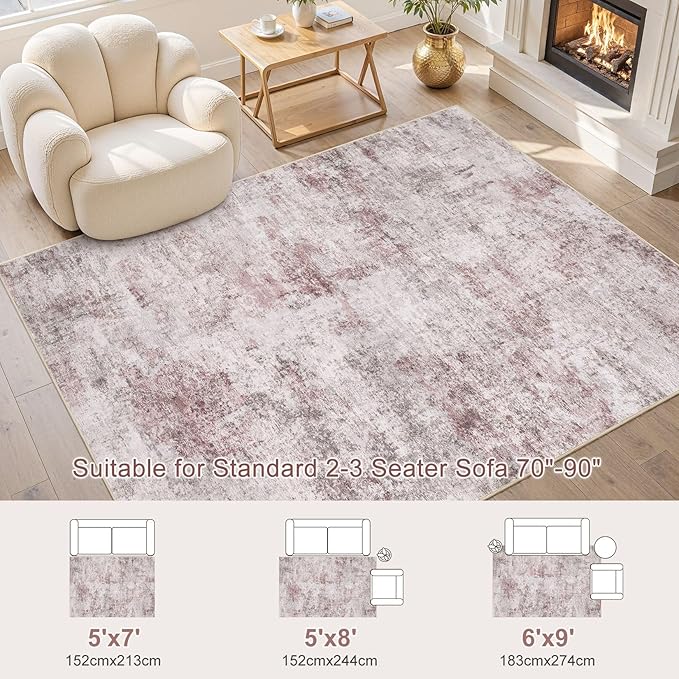 UERMEI 5x7 Area Living Room Rugs - Washable Neutral Modern Abstract Soft Thin Large Rug Indoor Floor No Slip Rug Carpet for Bedroom Under Dining Table Home Office Decor - Pink