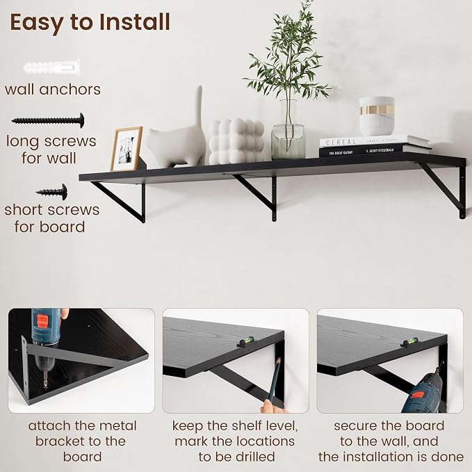 Axeman Floating Shelves for Wall Black- 55 Inch Wide x 12 Inch Deep Wall Shelves Set of 2 - Black Deep Wood Floating Shelves for Living Room Bedroom Laundry Room