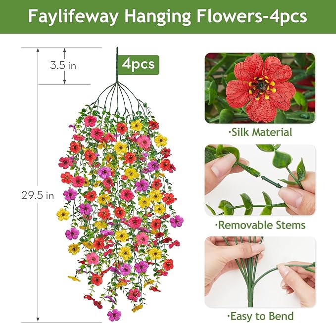 Artificial Hanging Flowers for Outdoors, 4PCS UV Resistant Artificial Outdoor Flowers, Silk Flowers for Outside Patio Porch Front Yard Window Garden Indoor Decor(Spring Color,4PCS)