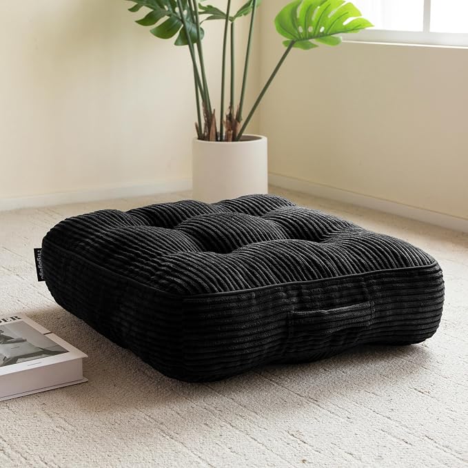 HIGOGOGO 6" Washable Floor Pillow Cushion for Adults, Meditation Cushion Pillow, Large Square Floor Sitting, Removable Tufted Corduroy Cover, for Tatami Living Room or Yoga, 22x22 Inch,Black