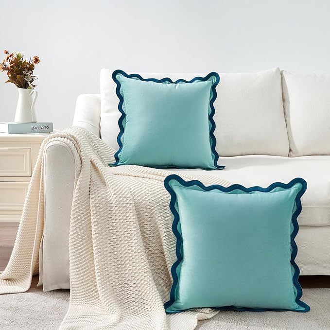 MONDAY MOOSE Decorative Throw Pillow Covers Cushion Cases, Set of 2 Soft Velvet Scalloped Wavy Edge Designs, Mix and Match for Home Decor, Pillow Inserts Not Included (20x20 inch, Blue/Light Blue)