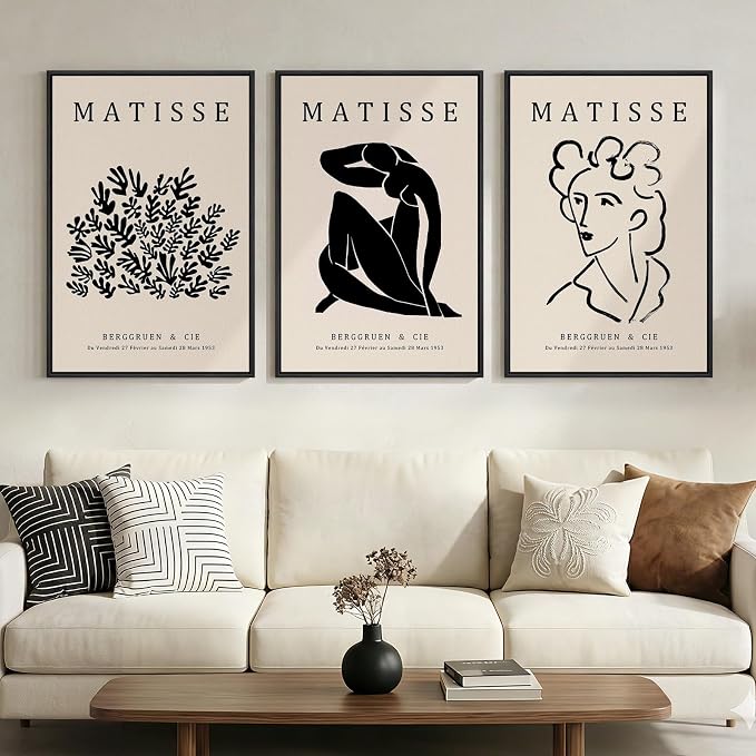 Framed Matisse Canvas Wall Art for Living Room, Set of 3 Abstract Black and White Minimalist Botanical Prints for Walls, Modern Aesthetic Pictures for Bedroom, Dining Room, Hallway and Office, Total Size 30x60
