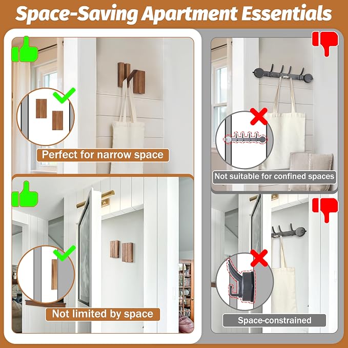 Wood Wall Hooks for Bathroom | 2Pack Foldable Coat Hooks for Rustic Hanging Towels Bags Coats, Space Saving Minimalist Design for Aesthetic Homeowner