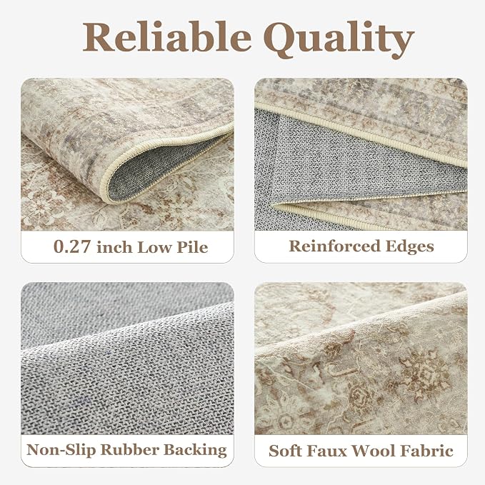 Vintage Beige 3x5 Entryway Rug Indoor Foyer, Neutral Earth Tone Throw Rug for Kitchen Bathroom, Machine Washable Non Slip Ultra Thin Area Rug for Nursery/Bedroom Bedside/Home Office/Dorm