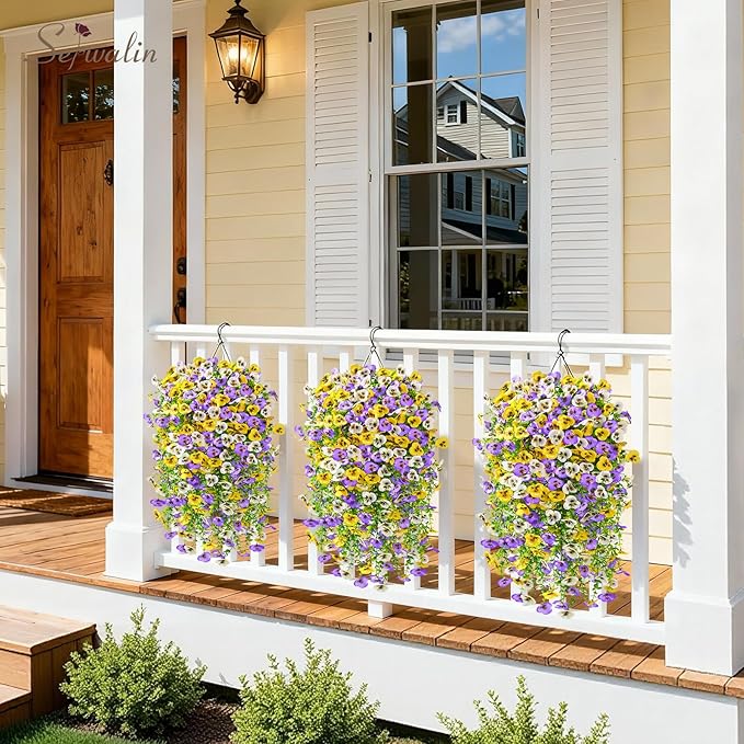 Serwalin Artificial Fake Hanging Flowers for Outdoors Planters,12PCS UV Resistant Faux Pansy Spring Flowers for Outside Porch Patio Garden Window Box (Yellow Purple White)