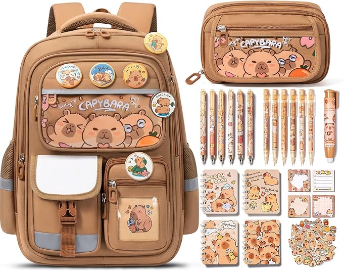 Fimibuke Capybara Backpack for School Girls, 28PCS Capybara Toddler School Supplies Stationery Set with Bookbag Pencil Case Pens Pencils Notebook Easter Gifts for Kindergarten Elementary Student