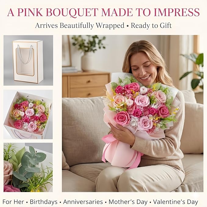 XTYFJGVA 12 Preserved Pink Roses Bouquet, Flowers for Delivery, Real Roses That Last 1-3 Years, Birthday Gifts for Women, Forever Flower Gifts for Mom, Wife, Grandma, Her on Mothers Day, Anniversary