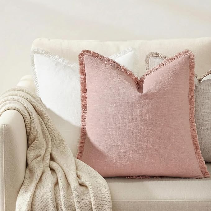decorUhome Summer Decorative Neutral Linen Fringe Euro Sham Throw Pillow Covers Set of 2 Pink Pillow Covers with Tassels Soft Farmhouse Boho Accent Pillow Cases for Couch Bed Sofa 22x22 Inch