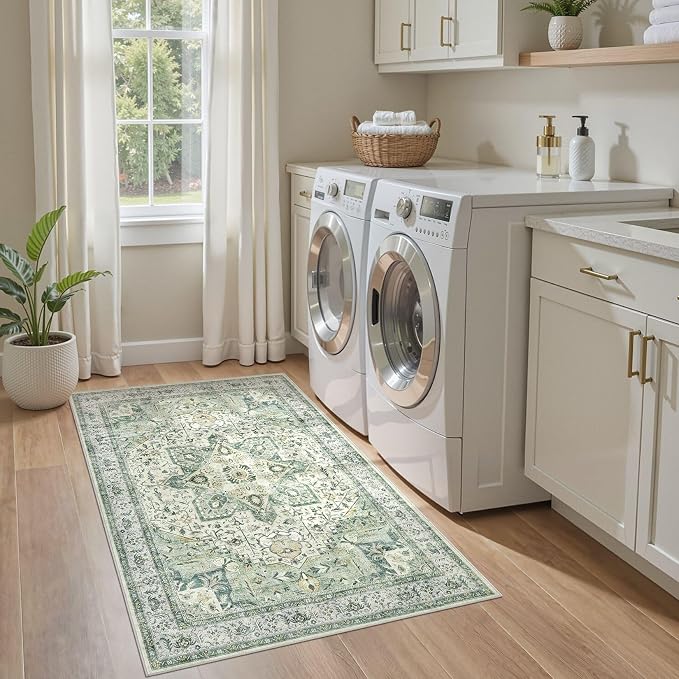 Tortania Area Rug Living Room Rugs - 3x5 Washable Rug Vintage Oriental Distressed Farmhouse Small Thin Indoor Carpet for Living Room Bedroom Under Dining Table Home Office - Green