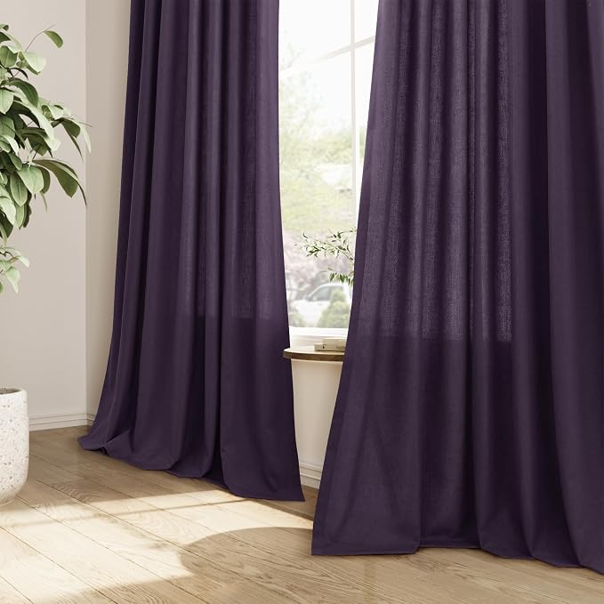 Plum Purple Pinch Pleated Linen Curtains 90 Inches Long Vintage Boho Farmhouse Semi Sheer Textured Linen Blended Light Filtering Curtain for Living Room Bedroom Pleated Drapes with Hooks Rings 40x90