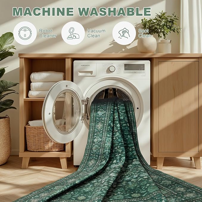 Area Rugs 10x12 Living Room Rug: Washable Rug Soft Vintage Distressed Floral Carpet Indoor Non-Slip Stain Resistant Large Carpets for Bedroom Dining Room Farmhouse Nursery Home Office Deep Green