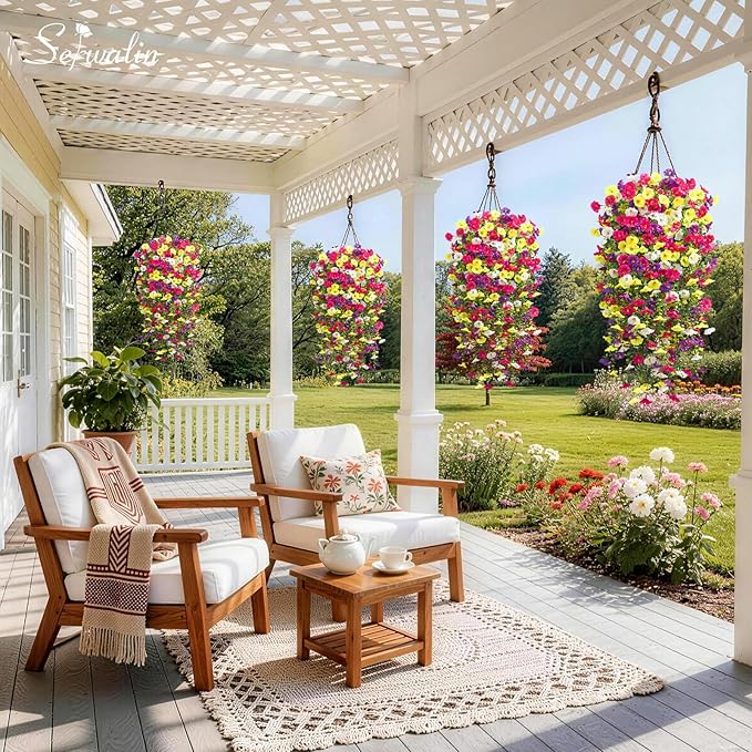 Serwalin Artificial Hanging Flowers for Outdoors UV Resistant, 4PCS Faux Morning Glory Fake Outdoor Flowers Realistic Silk Flower Plants for Outside Planter Front Door Porch Patio Yard Decor