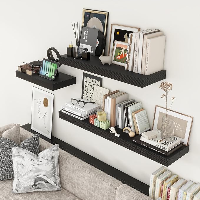 FLYJOE 12'' Deep Floating Shelves, 36 Inch Black Floating Shelves Set of 2, 36''x 12'' x 2'' Rustic Black Wood Shelves, Include Metal Brackets and Hardware, 45Lbs Load Bearing Capacity