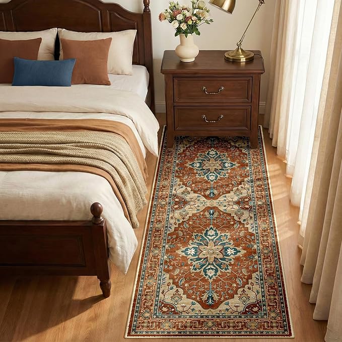 RELEANY Area Rugs 2'x6' Runner Rug Non Slip Washable for Kitchen Hallway Bedroom Beside Laundry Room Bathroom Rug, Floor Carpet, Red Orange Blue Brown