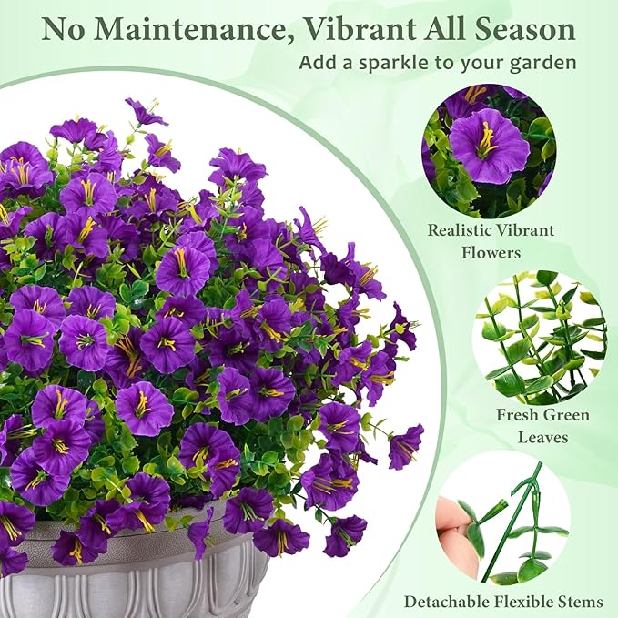 MARTINE MALL 12 Bundles Look Real Artificial Flowers for Outdoors, Realistic Fake Outdoor Flowers, UV Resistant Silk Petunia Flowers for Outside Faux Flowers Plants for Outdoor Porch, Purple