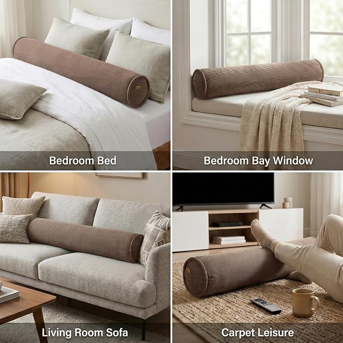 Corduroy Body Pillow for Side Sleepers, Cozy Bolster Pillow for Bed & Sofa, Soft Support Hugging Pillow for Relaxing Sleep, 47 x 7.87 Inches, Chocolate