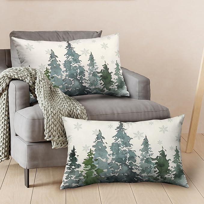 Watercolor Pine Tree Lumbar Pillow Covers 12x20 Winter Rustic Nature Forest Rectangle Pillow Covers Set of 2 Green Forest Woodland Cotton Linen Cushion Case for Couch Outdoor Living Room