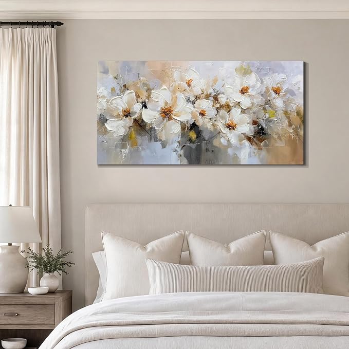 Acocifi Canvas Painting Vintage White Floral Wall Art 40"x20" | textured Flowers picture artwork for wall, beige grey abstract botanical, living room bedroom hallway office home decoration
