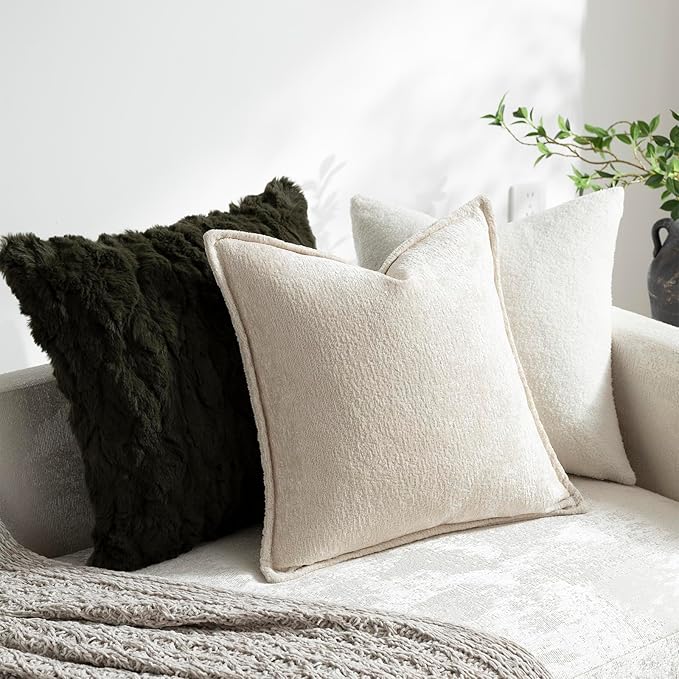DEZENE Pack of 2 Beige Decorative Throw Pillow Covers 24x24 Cozy Soft Chenille Accent Vintage Square Couch Pillow Covers for Home Decor Bed Sofa Living Room