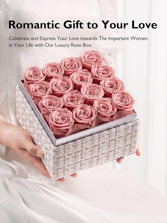 Eterfield Forever Flowers Preserved Roses Real Roses that Last Over a Year Rose Box Gifts for Her Mothers Day Valentines Day Christmas (Square Gold White Plaid Box, 16 Dusty Pink Roses)