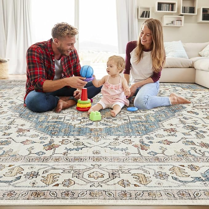 Area Rug for Living Room - 7x9 Soft Washable Oriental Vintage Floral Distressed Large Carpet - Fade Stain Resistant Non Slip Rugs for Bedroom Dining Room Nursery Dorm Office Home Decor - Blue/Beige