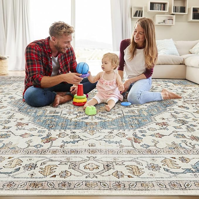 8x11 Area Rugs for Living Room - Large Carpet Ultra Thin Soft Washable Oriental Vintage Floral Distressed Rug Big Indoor Carpets for Bedroom Nursery Dorm Home Decor Aesthetic - Blue/Beige