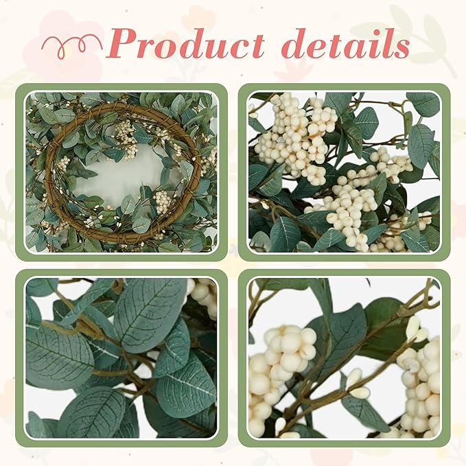 YNYLCHMX 18" Spring Summer Wreaths for Front Door, Artificial Floral Wreath with White Berries and Eucalyptus Leaves, Green Foliage Wreath for Wall Window Farmhouse Party Holiday Home Decor