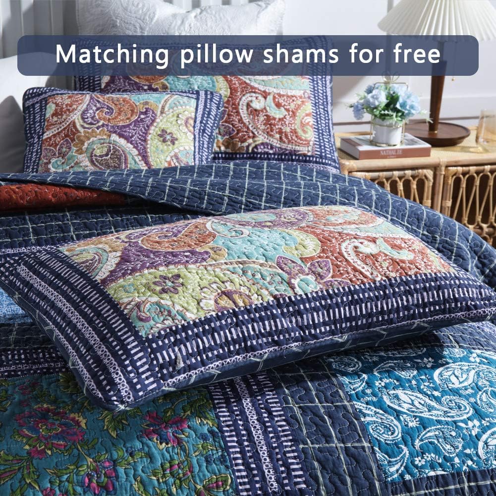 Secgo Twin Size Quilt Size - 100% Cotton Comforter Set Bedding Sets (68 * 86 Inch) with 2 Pillow Shams, Patchwork Reversible Lightweight Bedspread