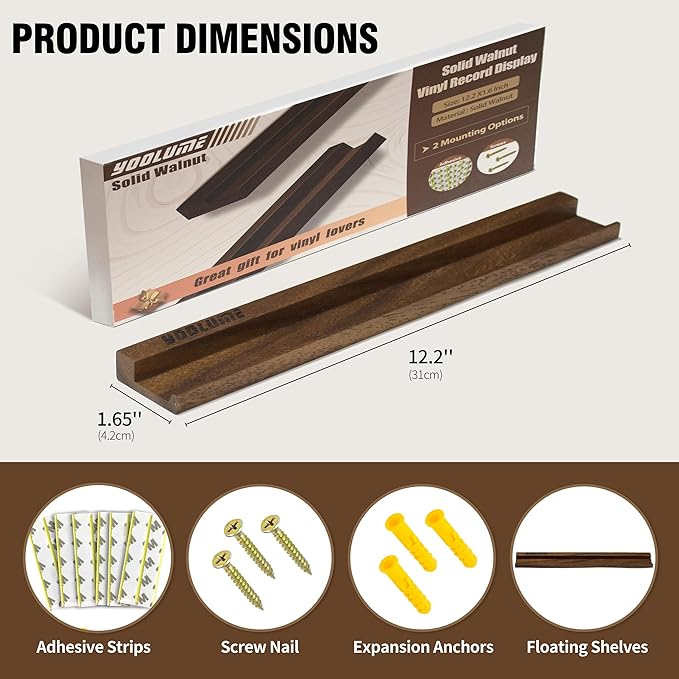 Vinyl Wall Mount No Drill with 2 Mount Options(Adhesive & Screws), 6 Pack Solid Walnut Wood Record Display No Screws, Record Shelves for Wall, Album Magazine, Record Shelf, Vinyl Holder Wall