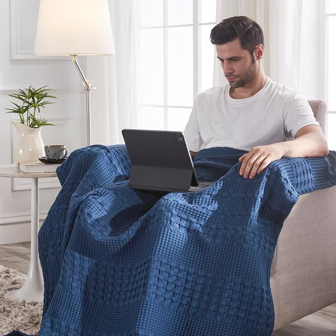 VHC Brands 100% Cotton Waffle Weave Navy Blue Throw 50x60, Decorative Cotton Throw Blanket, Boho Farmhouse Bedroom, Living Room Decor for Bed, Couch, or Sofa