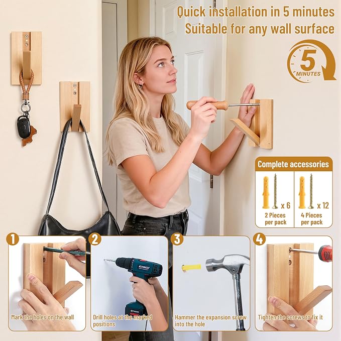 Wall Hooks for Small Space: Foldable Natural Wooden Coat Hooks 4Pack for Limited Spaces Closet Corner Bathroom- Modern Minimalist Decor Hanger for Hanging Towels Backpack Bags Jackets