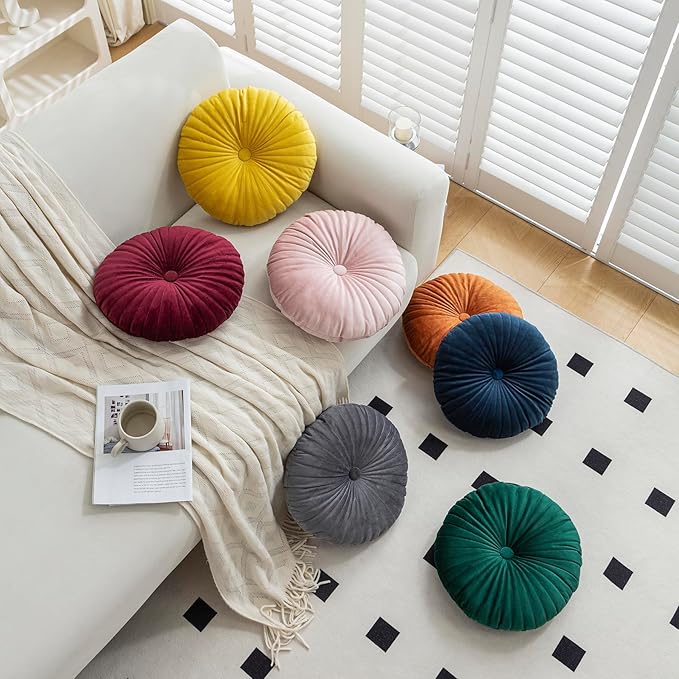 Teieas Velvet Round Throw Pillow Pleated Round Pillow Cushion Decoration for Couch Chair Bed Car Emerld Green