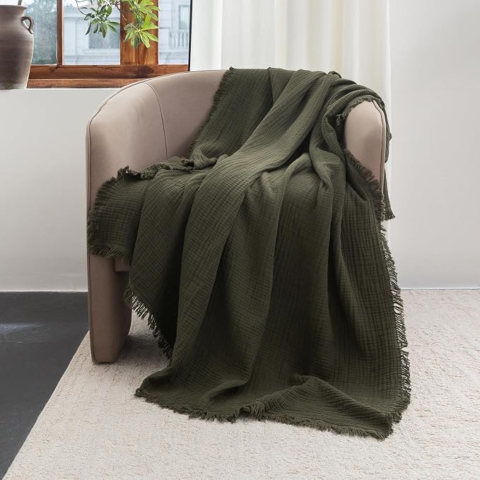 FOSSA Muslin Blanket 4-Layer 100% Cotton Gauze Blanket with Fringe 108"x98" | Super Soft Breathable Lightweight All Season & Decorative Blanket or Bed, Sofa, Office (Olive Green,Super King)