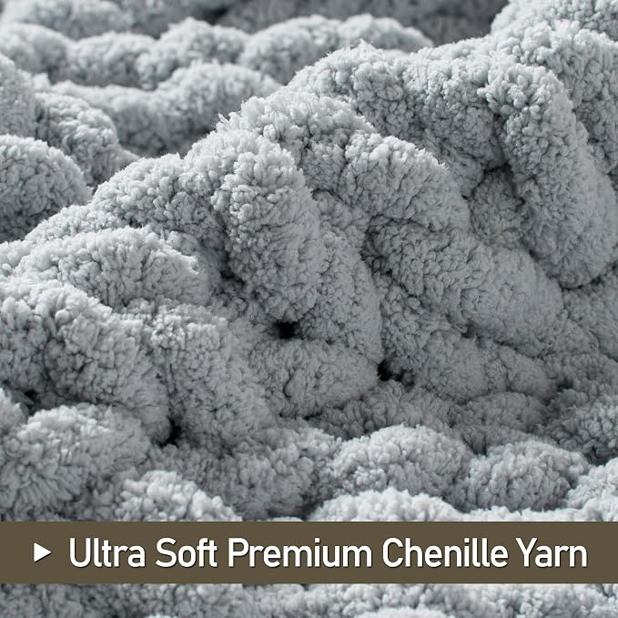Chunky Knit Throw Blanket 50x60, 100% Handmade Chenille Yarn | 4.4lbs Soft Thick Cable Knitted Blankets, Large Rope Knot Crochet Throws for Couch Sofa Bed Machine Washable, Grey