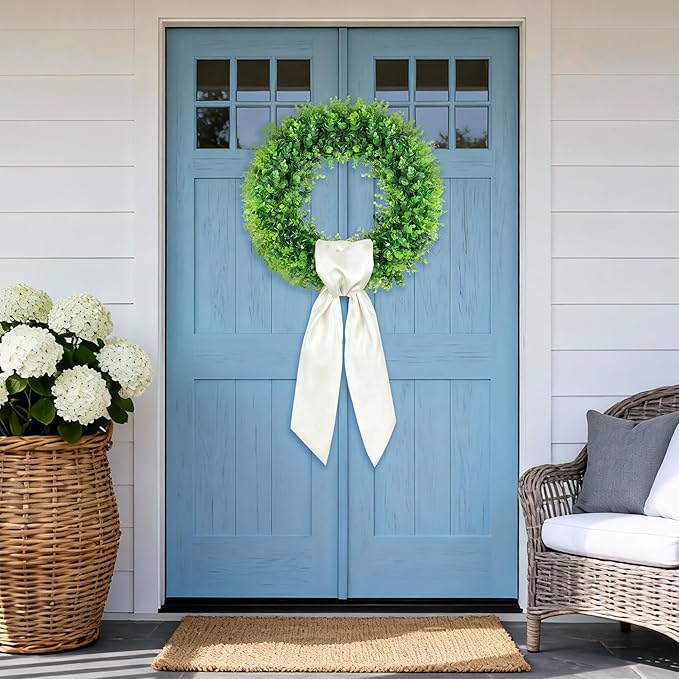 PinkPum 20'' Spring Boxwood Wreaths for Front Door Wreath Front Door Decor Artificial Wreath Summer Outdoor Indoor Green Home Round All Year Round Farmhouse St Patricks Day Decorations