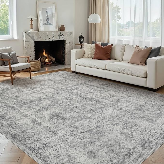 Rugxara 6x9 Area Rugs for Living Room Bedroom, Large Washable Rug, Grey Vintage Abstract Boho Rug, Non Slip & Low Pile Faux Wool Carpet for Indoor Dining Room, Farmhouse and Kids Room(Grey 6x9ft)