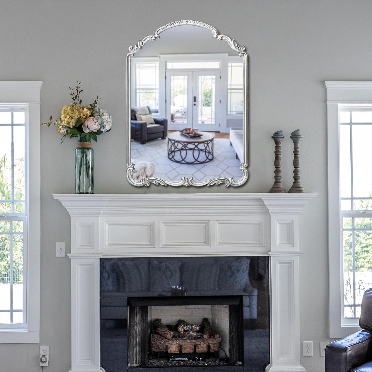 English Estate Carved Arch Wood Wall Mirror, Mirror for Entryway, Living Room, Bathroom, Antique Silver, 20.9x28.9